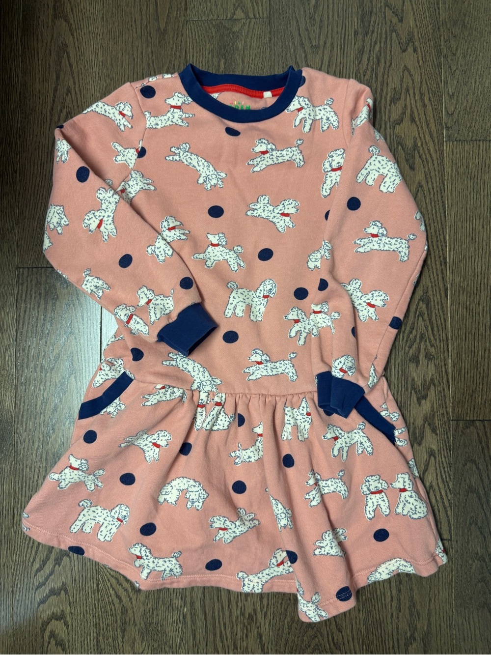Mini Boden Coral Pink Dalmatian Print Dress with Navy Trim